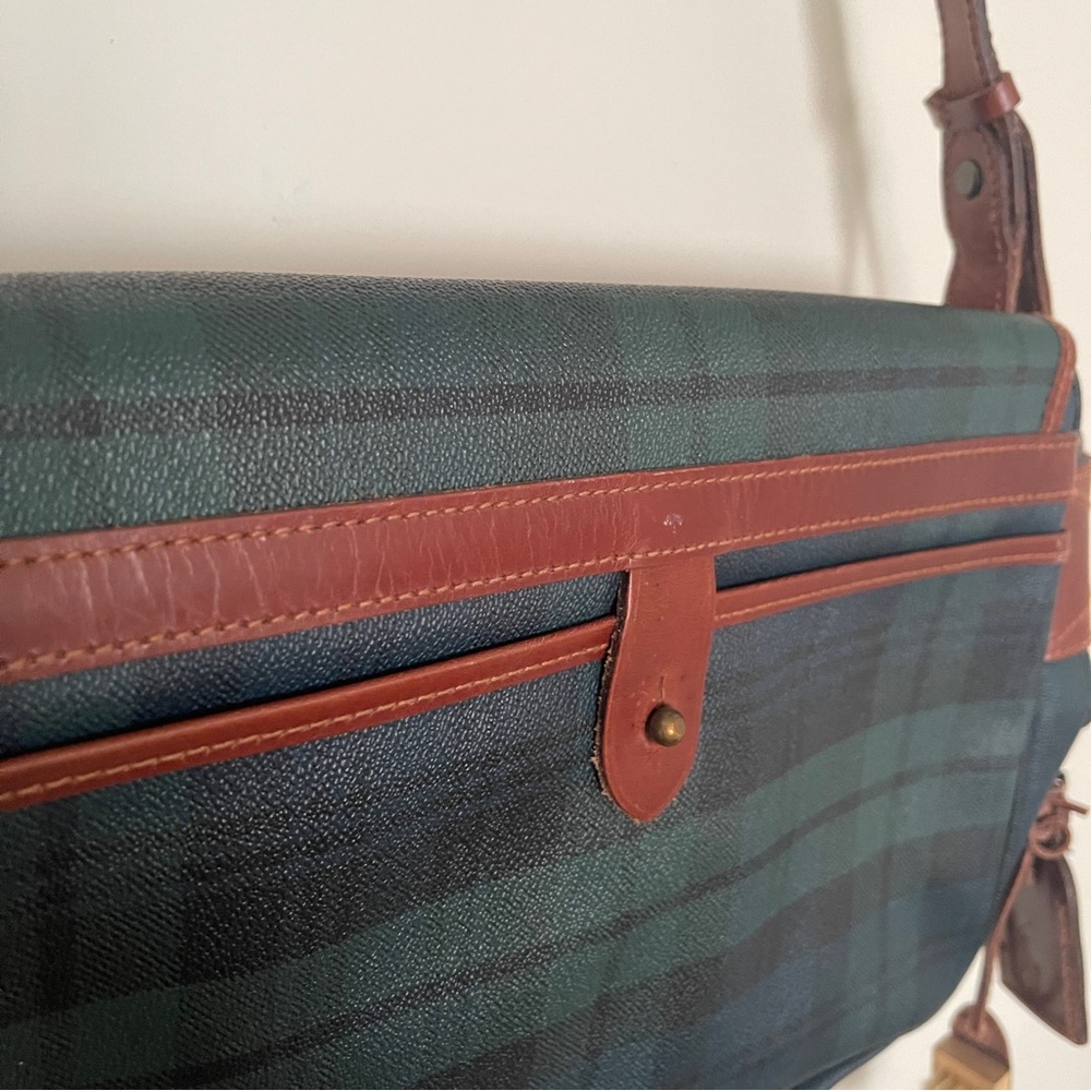 Vintage Polo Ralph Lauren Green tartan plaid leather messenger crossbody bag - Picture 5 of 12